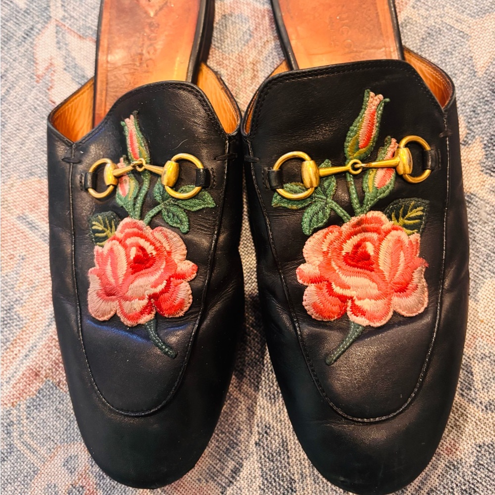 Gucci Black Mules with Pink Floral Embroidery